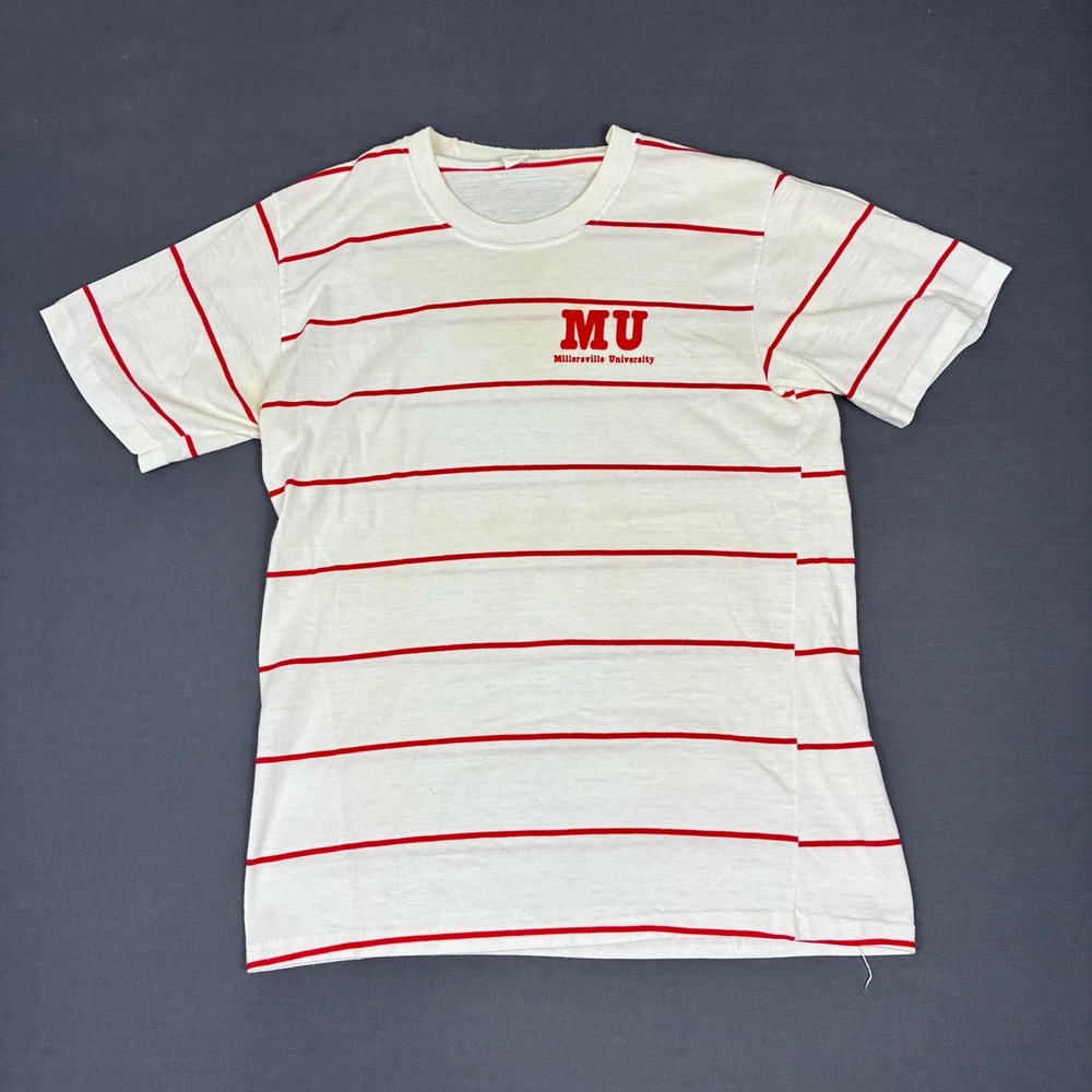 Vintage 80s Velva Sheen Millers University Striped White T-Shirt Size Small